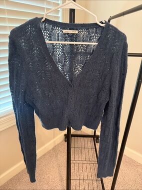 American Eagle Outfitters Dark Navy Open-Knit V-Neck Cropped Cardigan